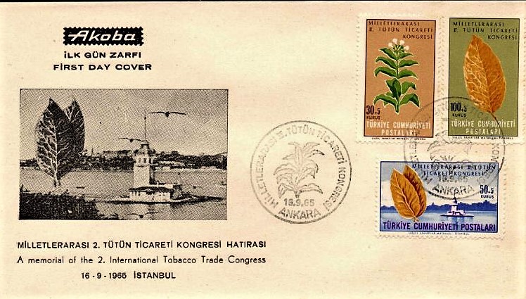 10 1965 Yilinda Istanbulda yapilan Uluslararasi II. Tutun Ticaret Kongresi icin cikarilan hatira serisini ozel ilk gun zarfi.505 Kurusluk pul uzerinde Kizkulesi gorul